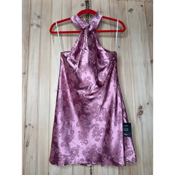 NWT Lulus Got the Key Mauve Satin Floral Jacquard Halter Mini Dress Party Sz M - Image 4