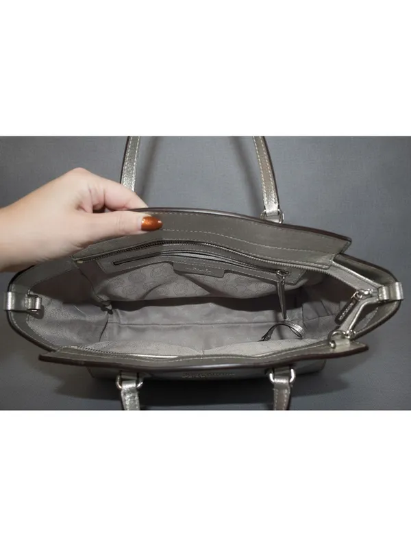 Michael Kors Selma Metallic Silver Leather Medium Satchel Crossbody Purse - Image 5