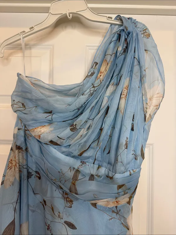 NWOT Fehaute blue floral chiffon one shoulder maxi dress sz 10 - Image 4