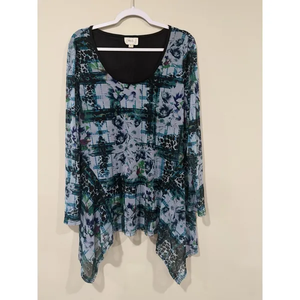 Y2K ECI NY Sheer Printed Tunic Blouse Bohemian Watercolor-style Size XL 2312 - Image 2