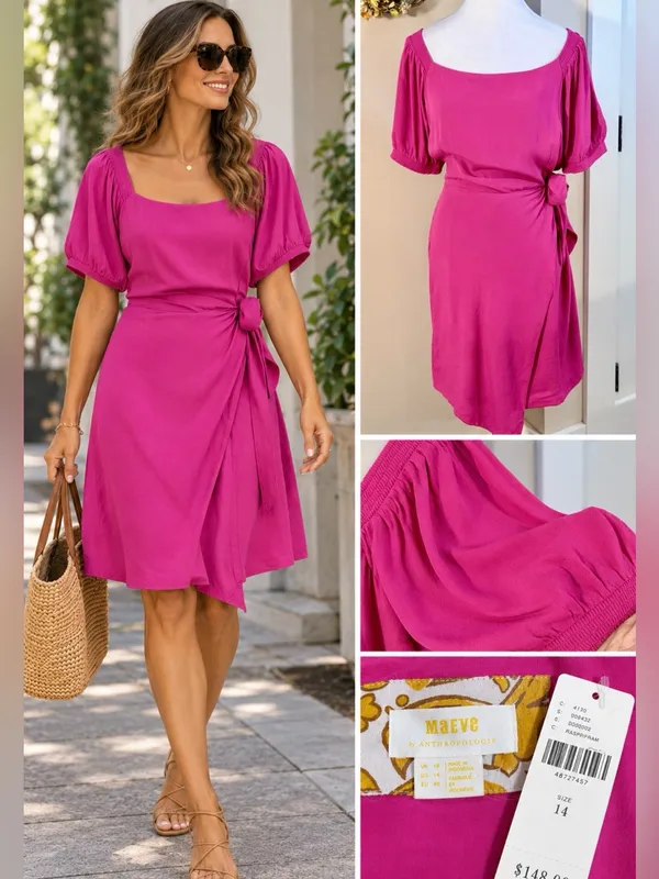 💥NWT Maeve Anthropologie Raspberry Pink Wrap Tie Waist Puff Sleeve Dress 14💛 - Image 2