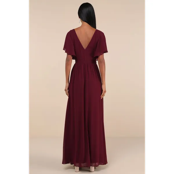 NWT Lulus Convincing Grace Burgundy Flutter Sleeve Wrap Maxi Dress Wedding Sz XL - Image 3