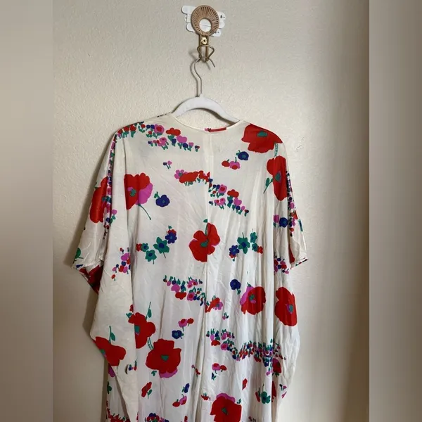 Vintage 70s Floral Kaftan MuuMuu Empire Waist Sz Medium‎ Red White - Image 5