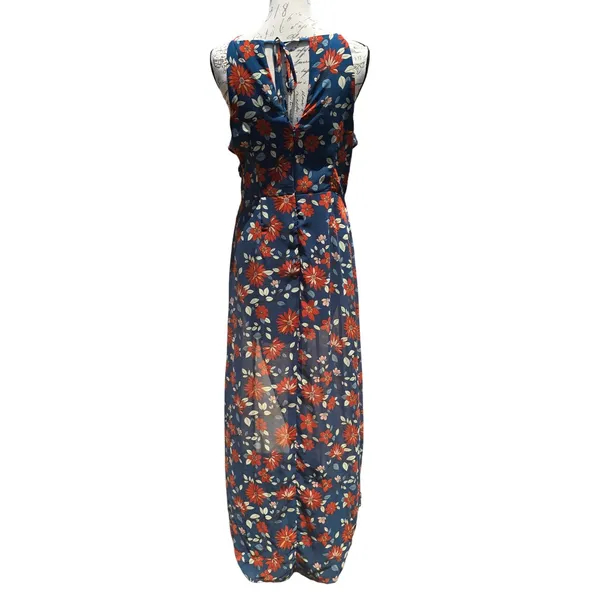 & Harmony Womens‎ Floral Maxi Dress Teal Orange Ruffle High Neck Slit Size Large - Image 5