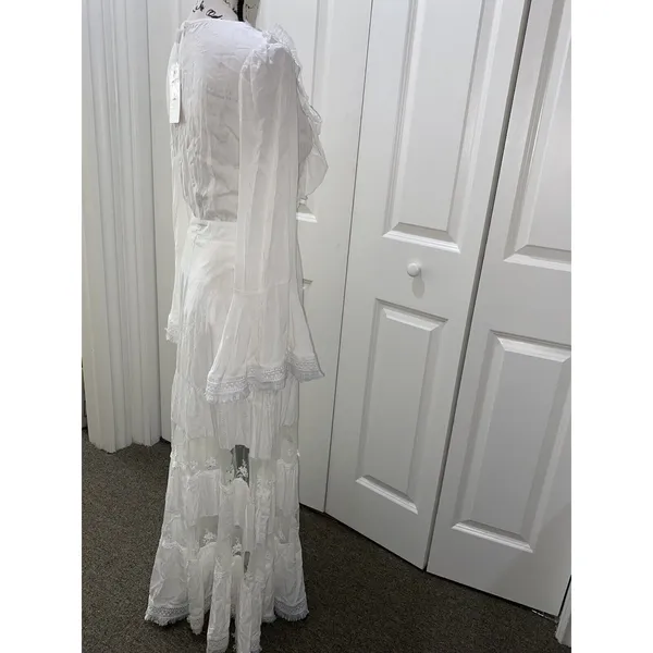 Muy Muy Fancy Cottage Core Lace Embroidered Bell Sleeves White Maxi Dress Sz Sm - Image 5