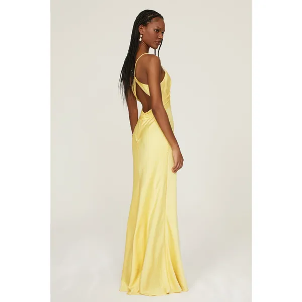 Mac Duggal Yellow Satin Twist Front Cut Out Slip Maxi Formal Gown Size 6 - Image 3