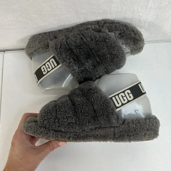 Ugg Sz 7 Oh Yeah Fluffy Double Strap Flat Slippers‎ Slides Sandals in Grey - Image 4