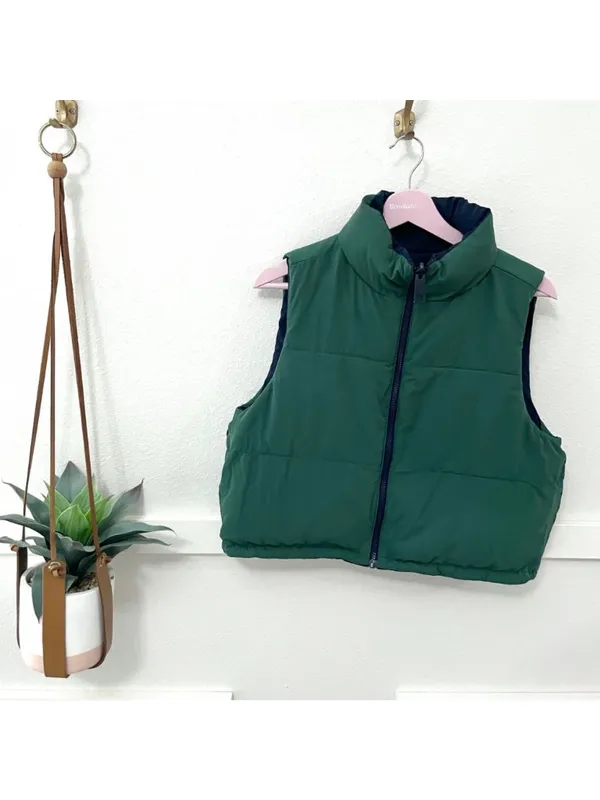 Hollister Reversible Puffer Jacket Navy Blue and Green Size M - Image 5