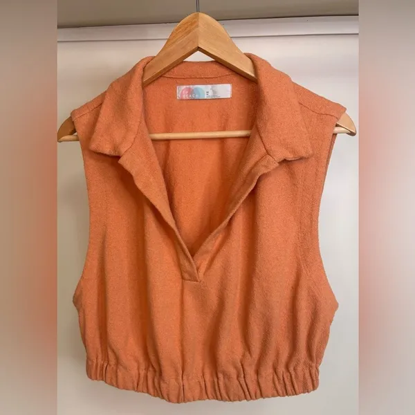 Free People x Revolve Ace top in Peach Pit Cropped with collar Terrycloth sz Med - Image 2