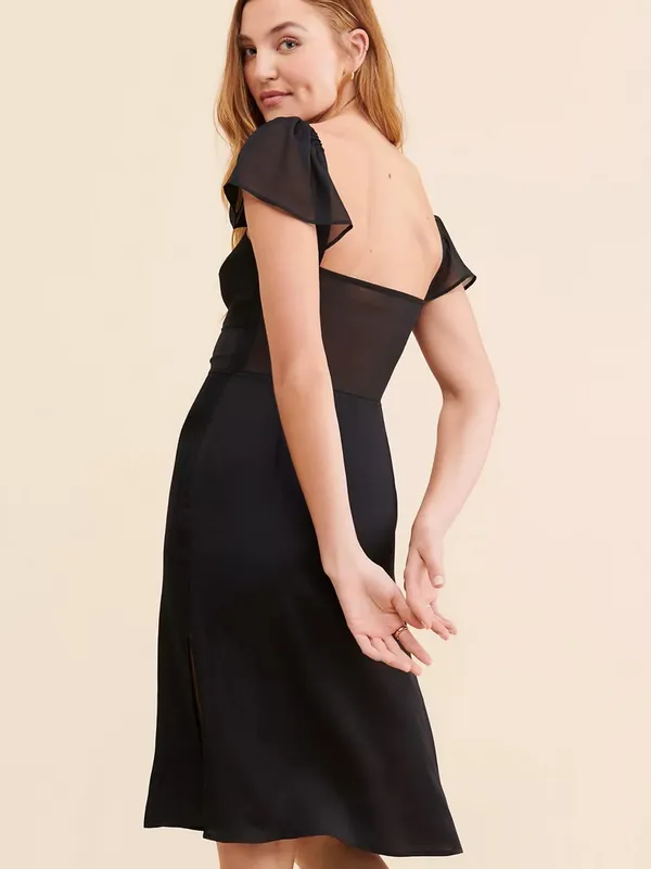Anthropologie Sheer Flutter Sleeve Dress Silky Satin Black Women’s Size 16 - Image 4
