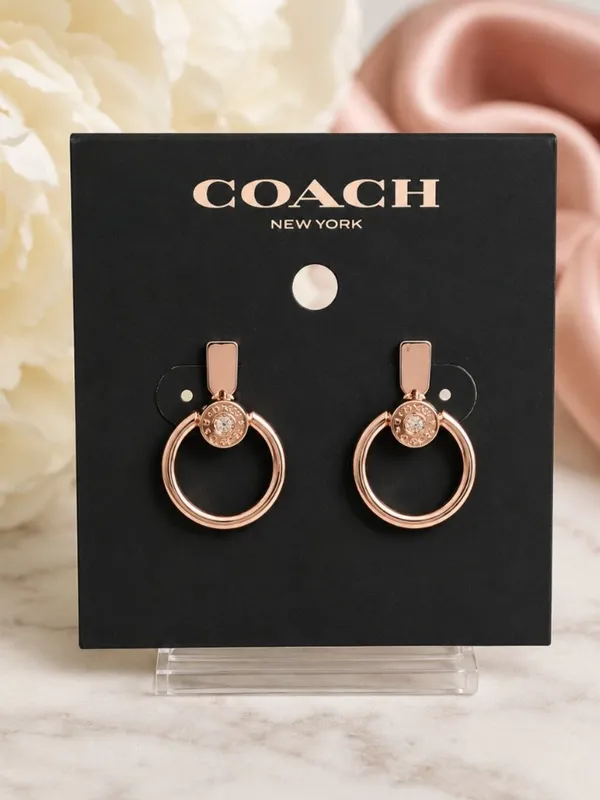 Coach Rose Gold Crystal Signature Logo Circle Hoop Earrings NWT - Image 2