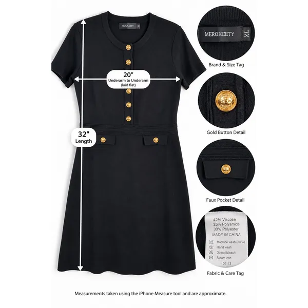 Merokeety Dress XL Black Gold Button Short Sleeve Knit Preppy Career Mini - Image 14