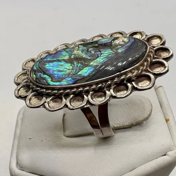 Vintage Mexican Sterling Silver Abalone Shell Statement Ring Oval Size 8‎ - Image 4