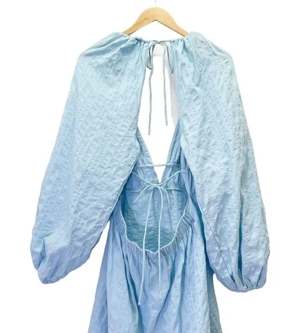 NWT Free People Endless Summer Puff Sleeve Open Back Mini Dress Blue Size Large - Image 7
