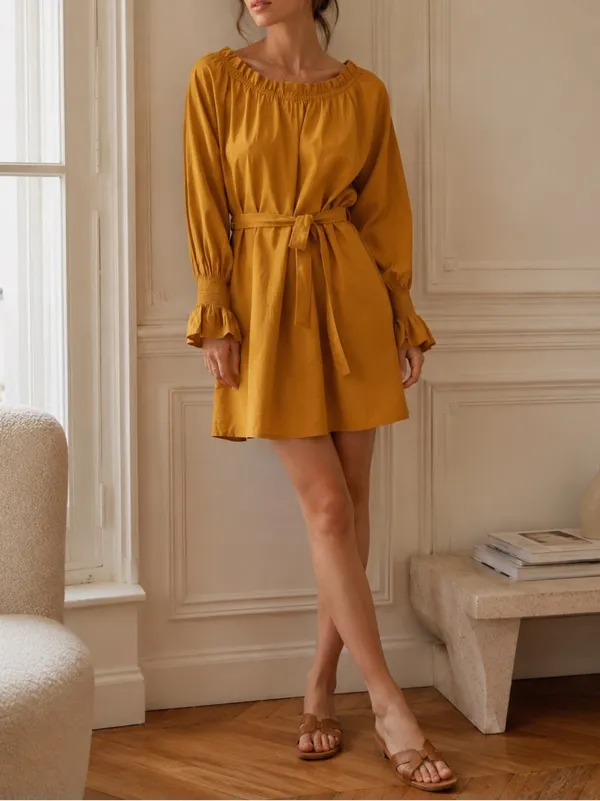 DOEN Miro Golden Hour Mustard Smocked Neck Waist Tie Boho Cottagecore Mini Dress - Image 2