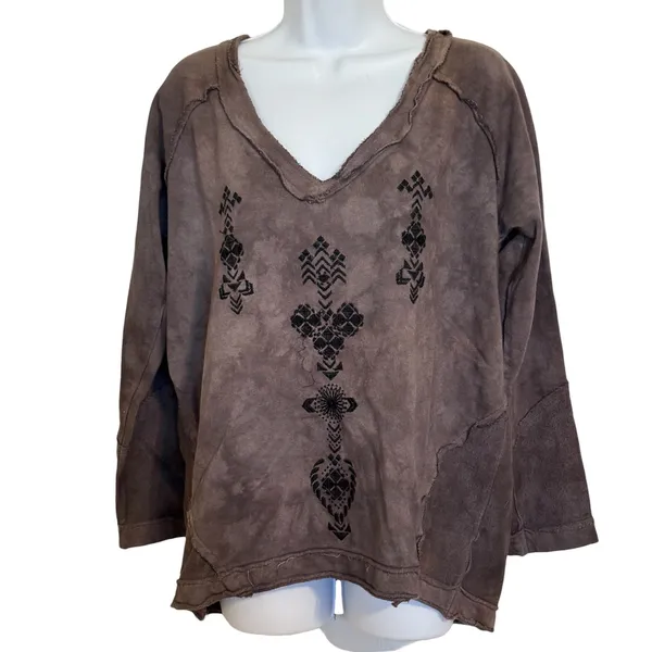 FREE PEOPLE Brown Embroidered V-Neck Boho Top Raw Edge Long‎ Sleeve XS - Image 2