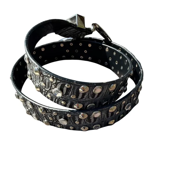 Source Unknown Western Croc‎ Embossed Studded Rhinestone Belt Black Silver Embossed Buckle - Image 2
