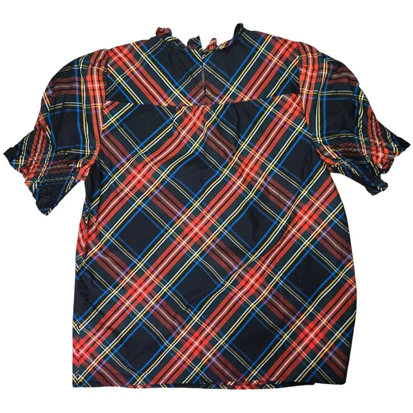 J. Crew Womens BN162‎ Tartan Plaid Ruffle Neck Puff Sleeve Cotton Top Small - Image 2