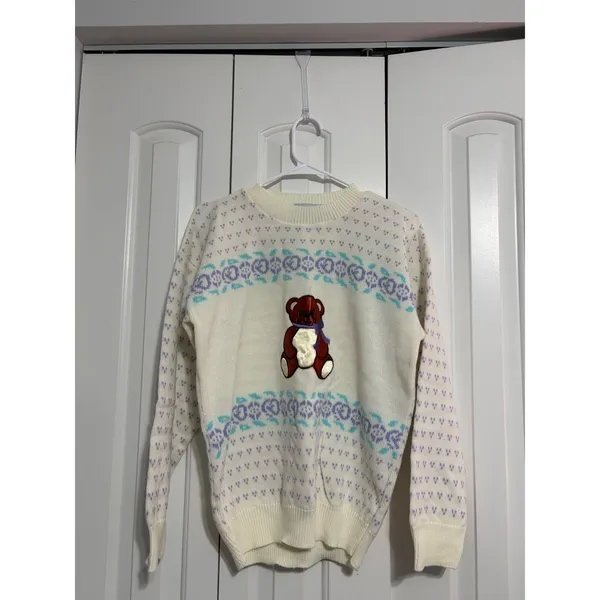 Kate Collins Sweater Vintage Teddy Bear Pastel White Knit‎ Crewneck 90s Kidcore - Image 2