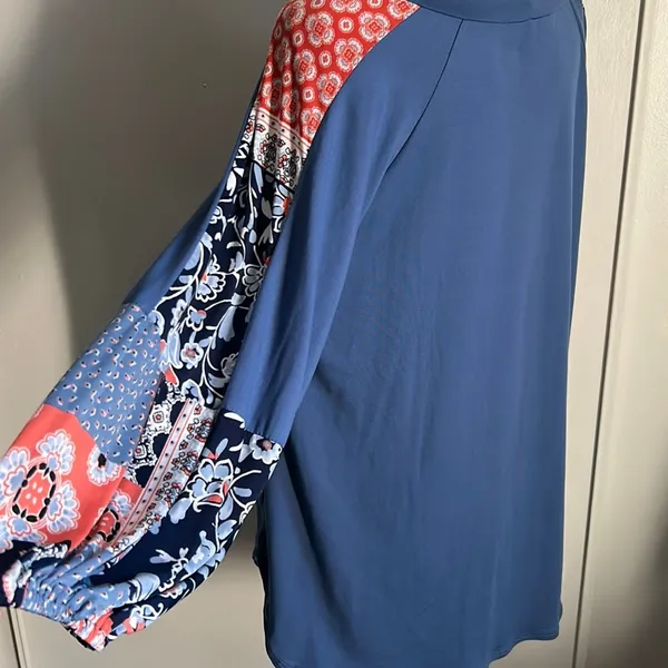 New Boho Balloon Sleeve Color Block Patchwork Jersey Knit Top Long Sleeve Blouse - Image 7
