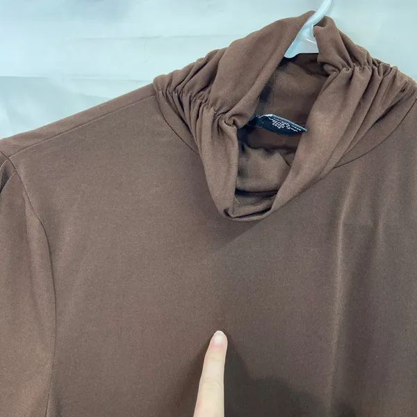 Rafaella women's brown cinched mock neck stretch lightweight neutral basic shirt - Image 5
