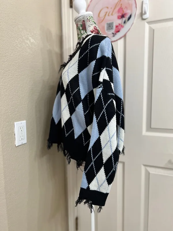 Just Polly Y2K Grunge Distressed Argyle Knit Sweater Size XL NWT Blue - Image 5