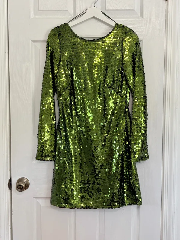 Anthropologie Green Sequin Mini Dress US 4 Party Cocktail Glam Open Back Long Sleeve - Image 3