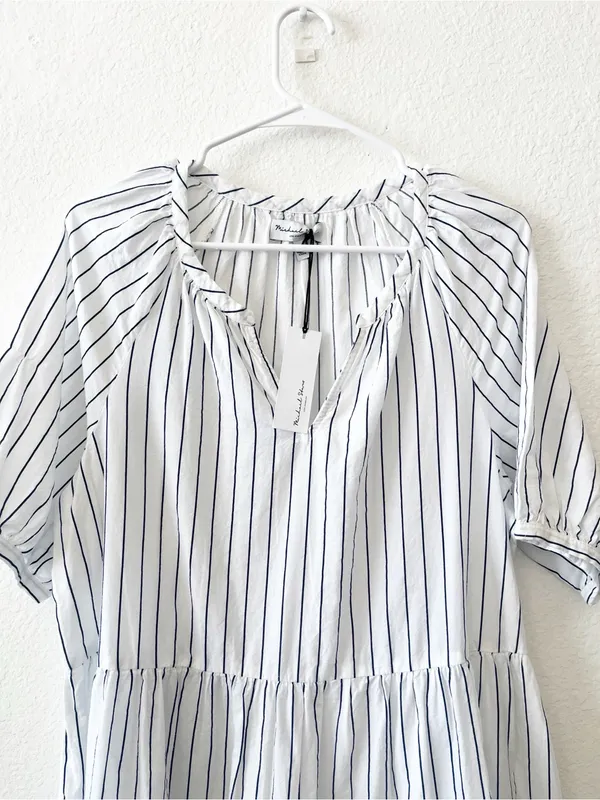 NWT Michael‎ Stars Navy Stripe Babydoll Peasant Dress Large Cotton - Image 2