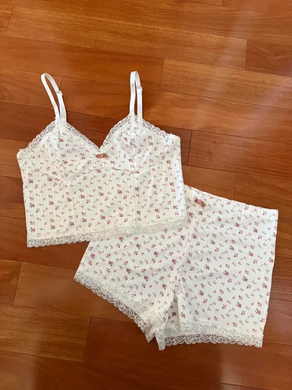 Pink Floral Lace Trim Rosette Tank & Short Set - Image 2