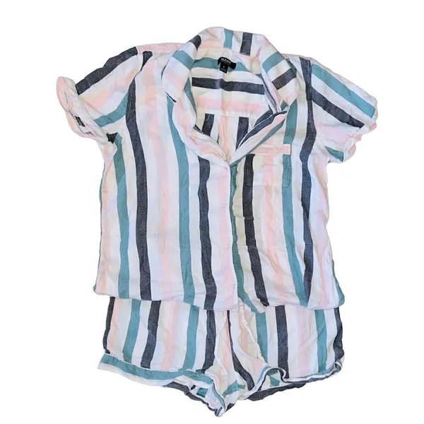 ALFANI Intimates Stripe Notched Collar Pocket Shirt Pajama Top Shorts M - Image 3