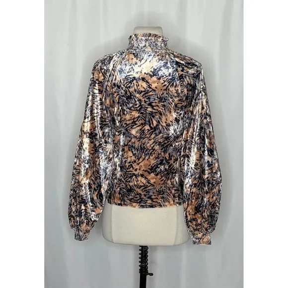 FREE PEOPLE Smocked Crushed Velvet Top Blouse Go Get 'Em Tiger Animal Small - Image 9