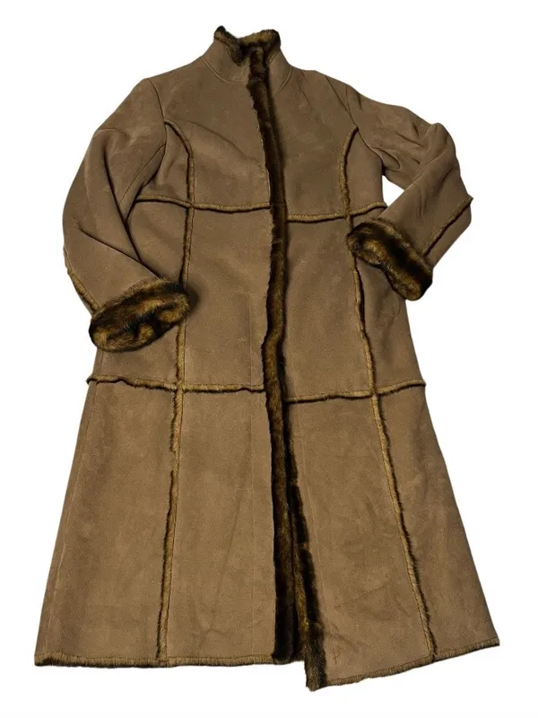 Faux Suede Coat Plush Vegan Fur Panel Stitching Fits Size Medium Y2K VINTAGE - Image 6