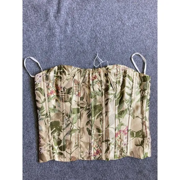 Floral Corset Top Bustier Ivory Green Pink Botanical Print Boned Sweetheart‎ - Image 2