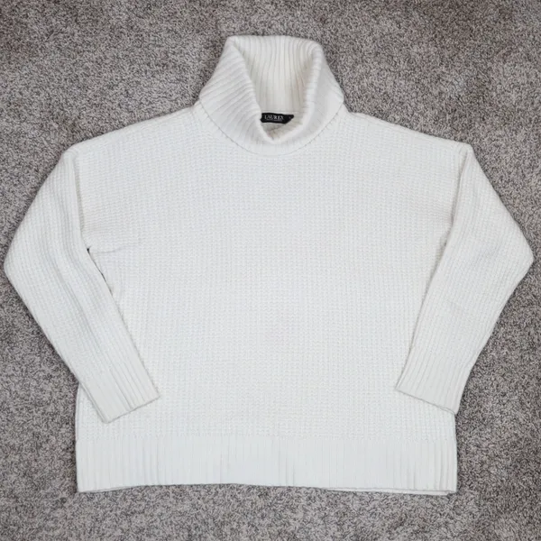 Lauren Ralph‎ Lauren Black Label Wool Cream Waffle Knit Turtleneck Sweater XL - Image 2