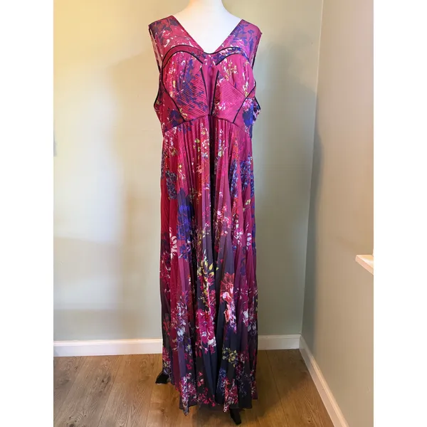 Karen Millen Floral Pleated Maxi Dress Burgundy Purple Corset 18 boho romantic - Image 3