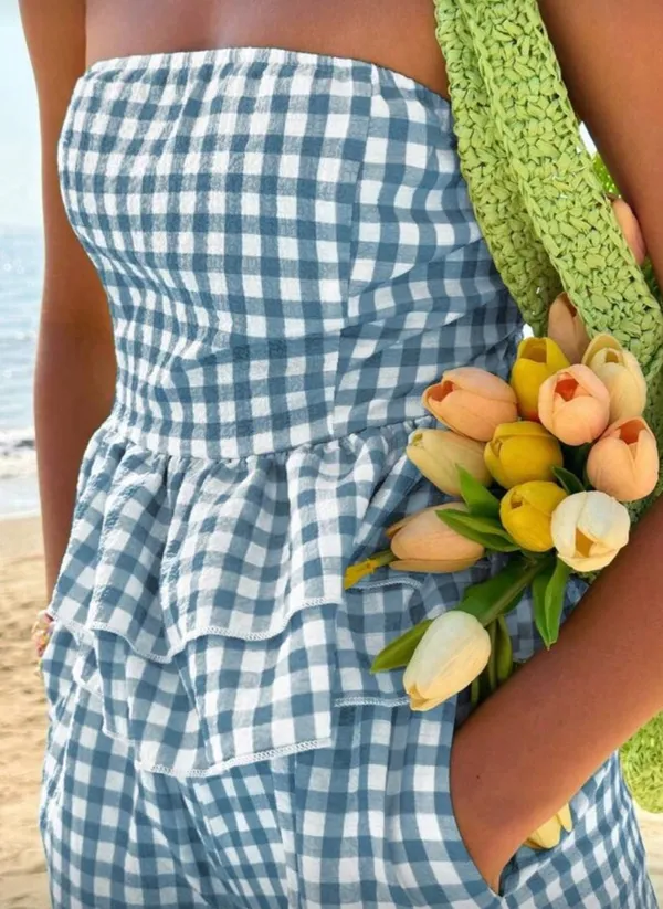 SheIn Jouncy Summer Vacation Casual Textured Plaid Print Ruffle Hem Tube Top & Loose Shorts - Image 4
