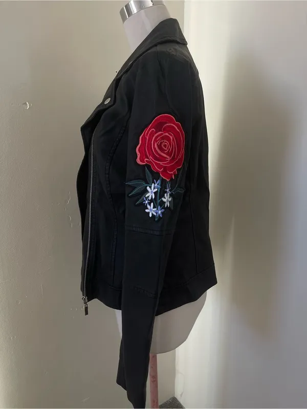 Say What? Faux leather Black Moto Jacket with Red Rose Embroidery - Image 2