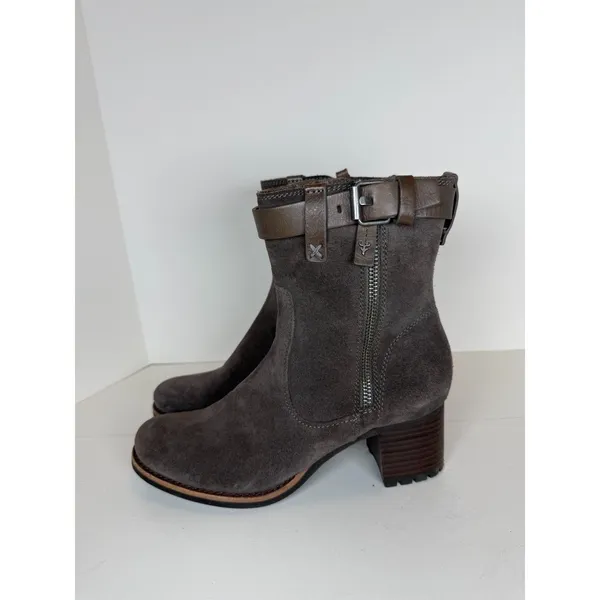 Frye Suede Ankle Boots Women 8M Gray Leather Buckle Strap Moto Block Heel - Image 3