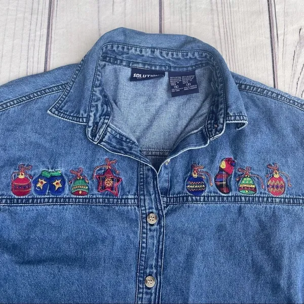Solutions Denim Christmas Holiday Denim Button Up Shirt Embroidered‎ Small Ugly - Image 5