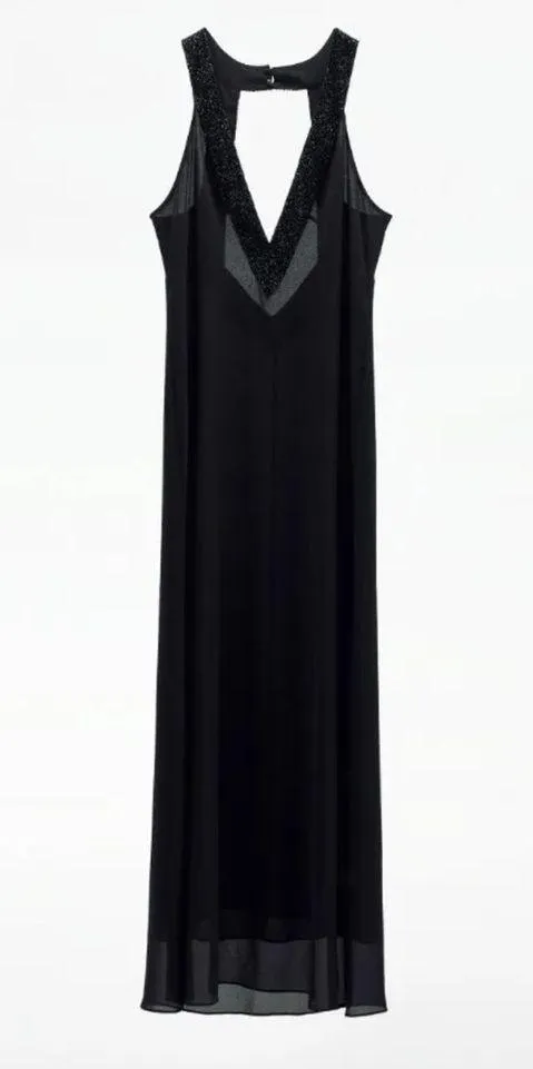 Zara Women'S V-Neck Open Back Applique Long Beaded Dress Black New 5919/906 Sz S - Image 5