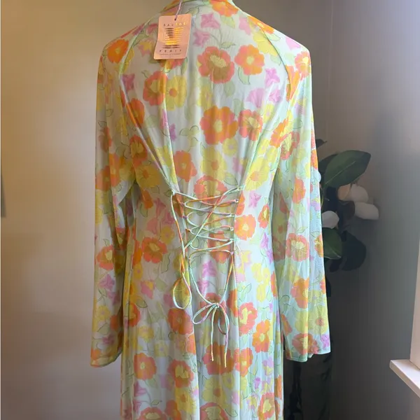 Savage X Fenty FREE SPIRIT FLORAL FULL-LENGTH‎ ROBE pink yellow small sheer NWT - Image 5