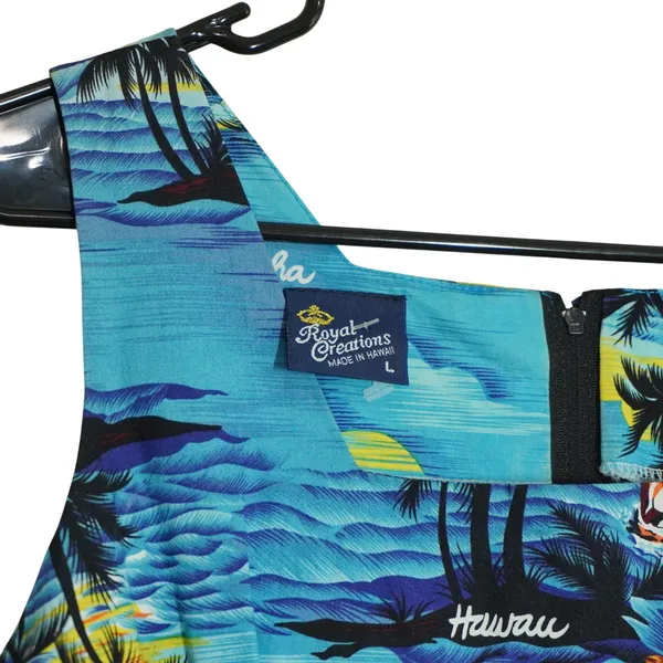 Royal Creations Hawaii Women's Shift Dress Large Blue Tropical Palm Tree Cotton - Image 4