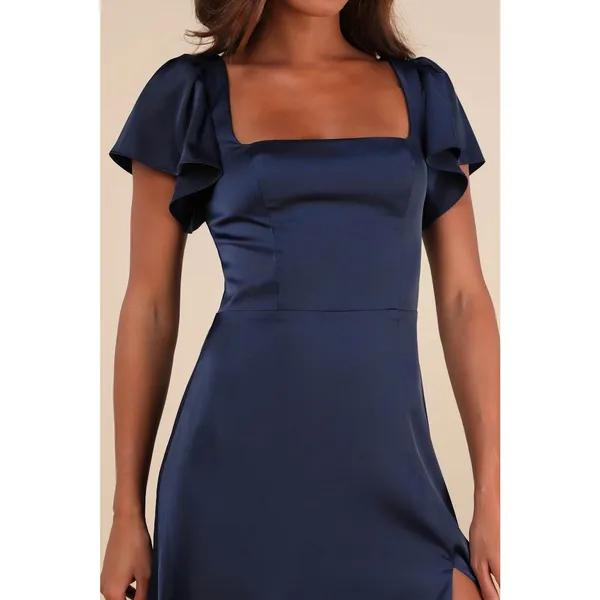 NWT Lulus Ultimate Sweetness Navy Satin Flutter Sleeve Maxi Dress Wedding Sz L - Image 7