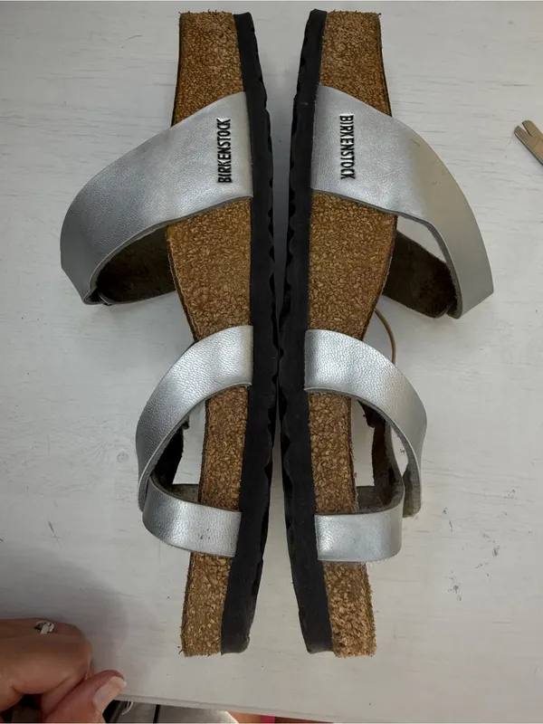 Birkenstock Mayari Metallic Silver Slide German Cork Footbed Sz 10-10.5 - Image 5