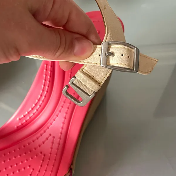Crocs Women’s Floral Wedge Sandals Pink Cream Ankle Strap Comfort Size W11 - Image 3