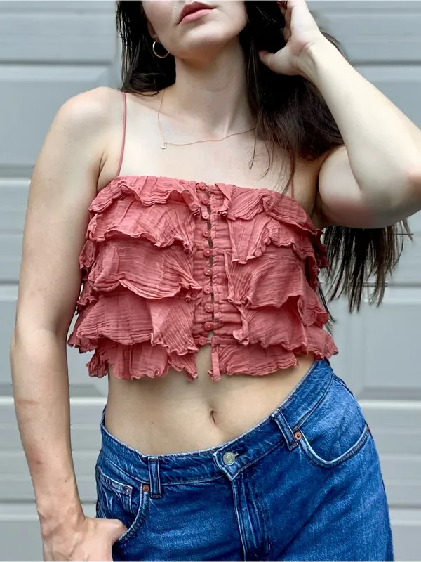 Free People Dusty Rise Pink Bohemian Ruffle Crop Top Small - Image 5