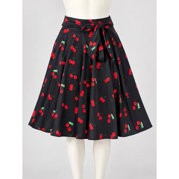 Belle Poque Black Cherry Print A-Line Swing Skirt Rockabilly Pin Up Size Large - Image 2