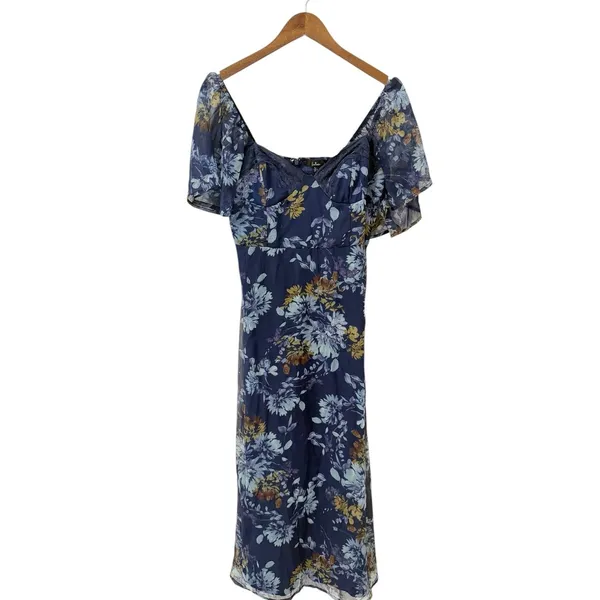 Lulus Valla Navy Blue Floral Flutter Sleeve Midi Dress size Large NWT - Image 3