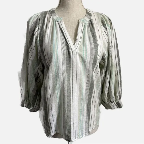 a.n.a Gray and Light Green Striped Linen V-Neck Pullover Blouse Women’s Size XS - Image 2