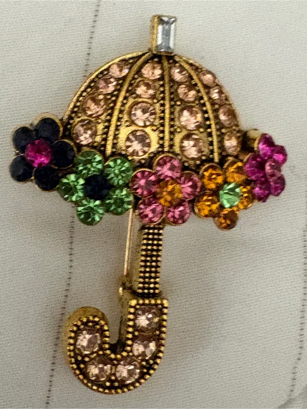 Jeweled Umbrella Parasol Brooch with Multicolor Crystal Flowers EUC - Image 4